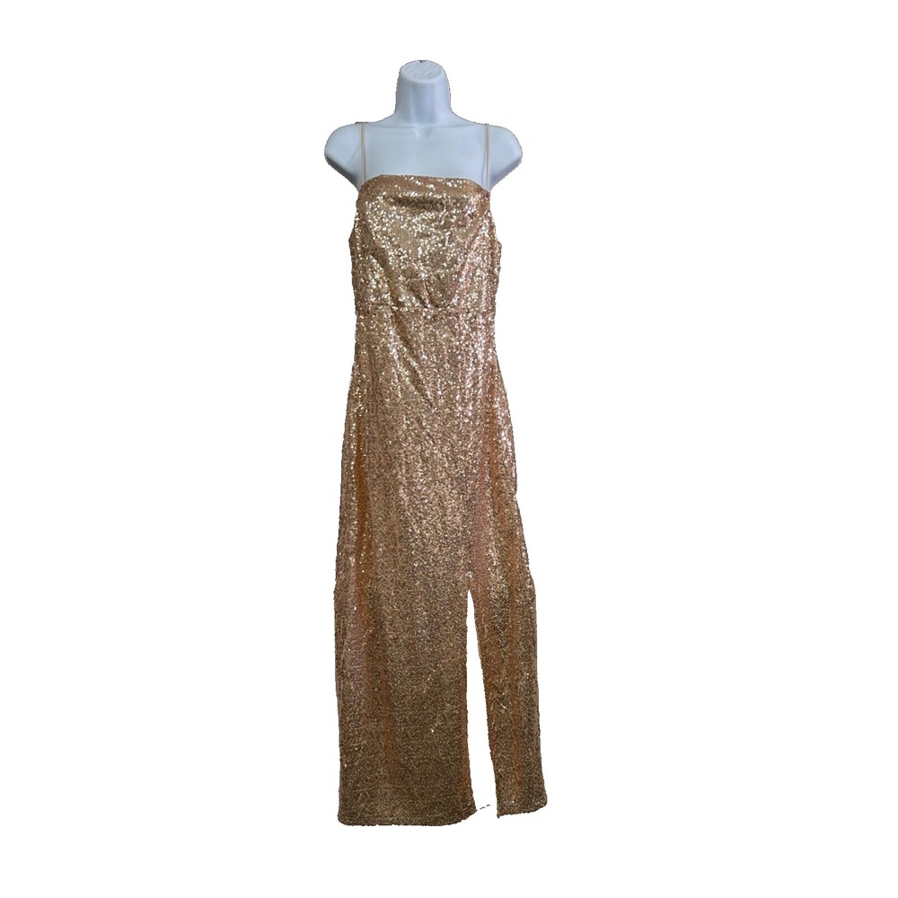 Justify Gold Sequin Dress Strappy‎ Women's Size L Gown Prom Leg Slit